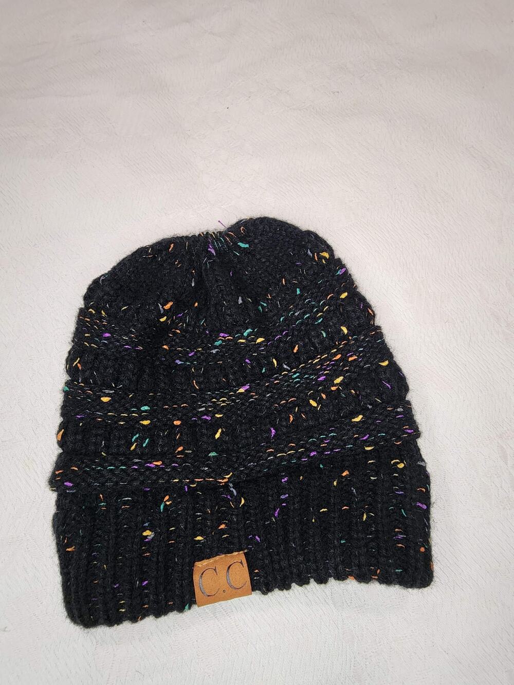 C.C Beanie Ponytail Confetti Knit Black Speckled Messy Bun Winter Hat OS